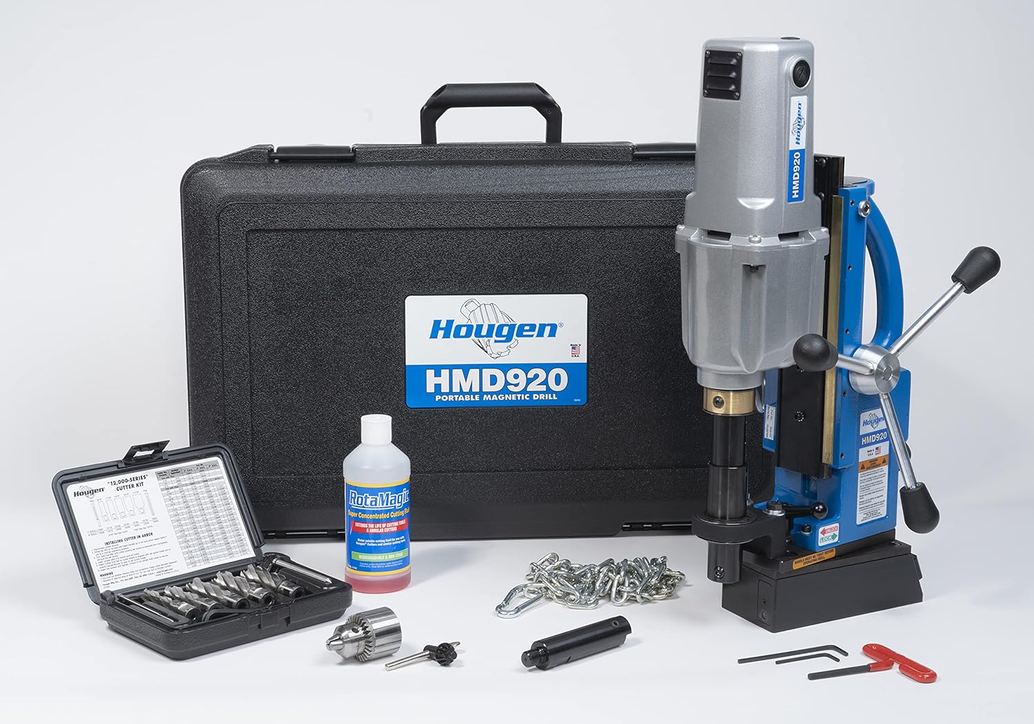 Hougen HMD920 115-Volt Swivel Base Magnetic Drill 3 Speed/Coolant Bottle Plus 1/2 Drill Chuck Adapter Plus 12002 Rotabroach Cutter Kit Replacement of The HMD917