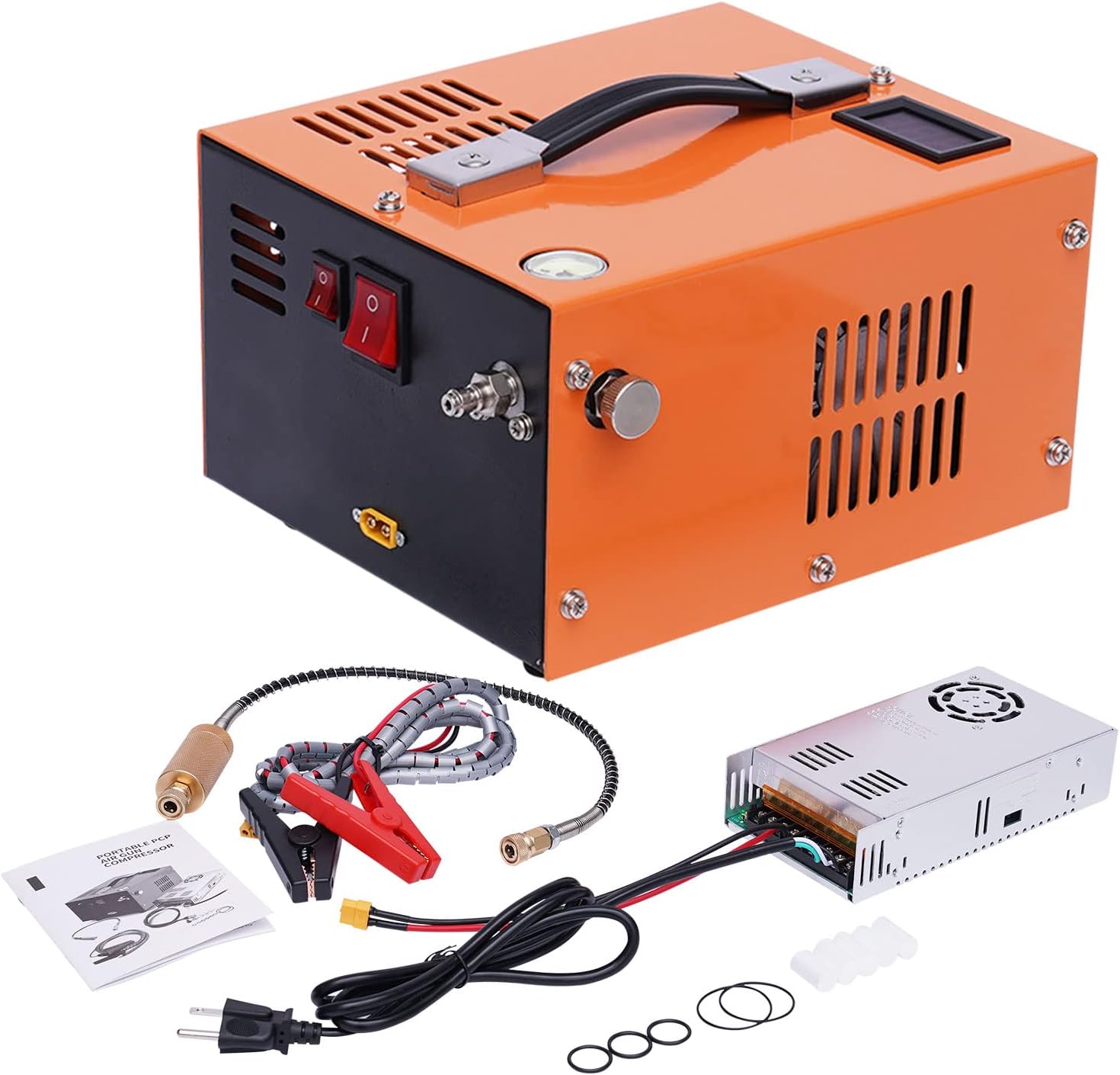 PCP Compressor,Air Gun High Pressure Pump Transformer 4500psi 12V High Pressure Air Compressor Built-in Transformer Portable High Pressure Pump Fan Cooling (Orange)