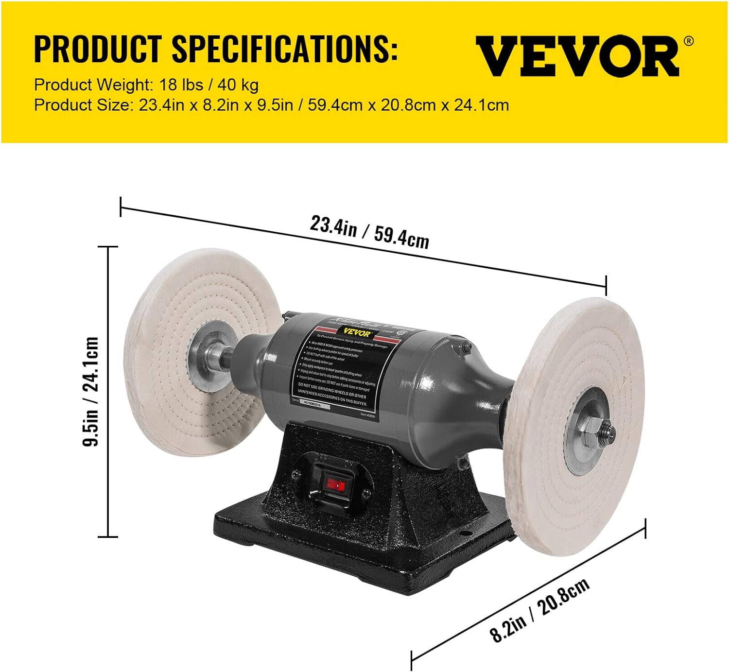 VEVOR Bench Buffer Polisher, 8 inch Buffing Machine 370W Motor with 3600 RPM, Heavy Duty Benchtop Lathe Polishing Machine for Jewelry, Wood, Silver, Amber, Metal, Jade