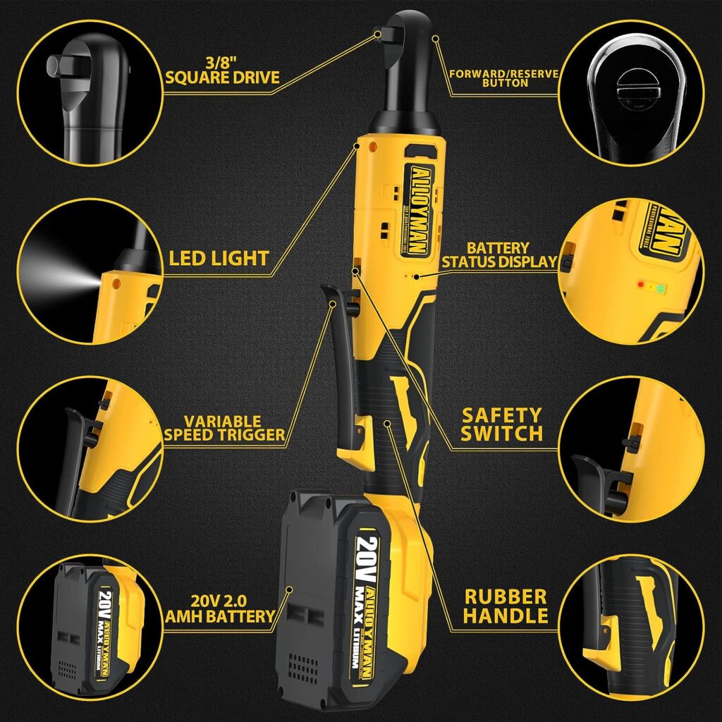 Alloyman 2 X 20V Power Ratchet Wrench Kit, 450 RPM 3/8 Inch Cordless Electric Ratchet Wrench with Variable Speed Trigger, 7 Sockets, 1/4 Adapter  1-Hour Fast Charger