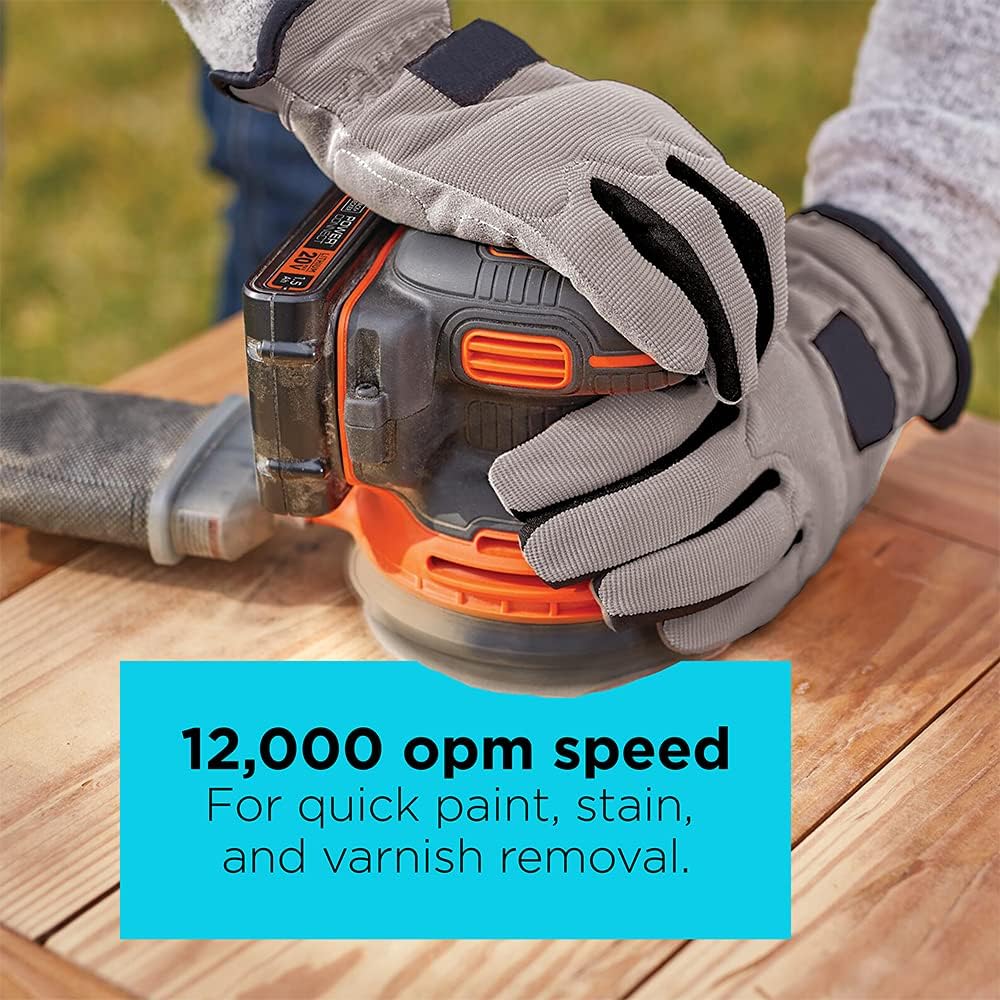 BLACK+DECKER 20V MAX Orbital Sander, Cordless, 12,000 OPM, 2 Sandpaper Sheets, Battery and Charger Included (BDCRO20C)