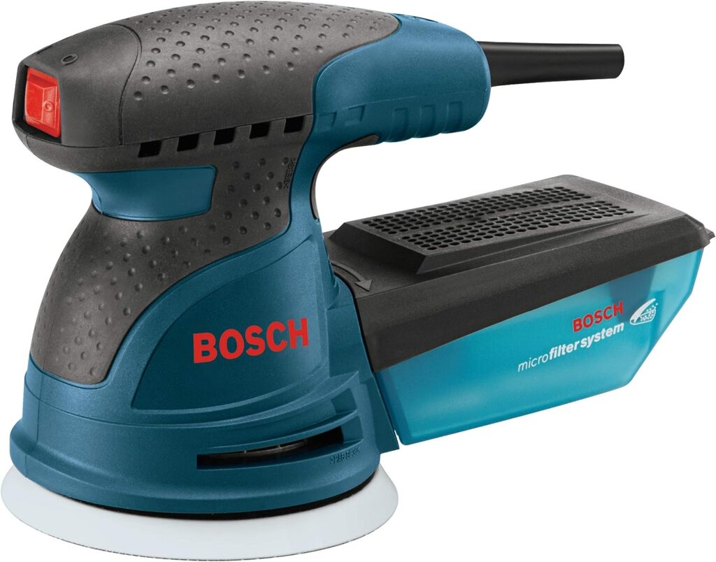 BOSCH ROS20VSC Palm Sander 2.5 Amp 5 In. Corded Variable Speed Random Orbital Sander/Polisher Kit with Dust Collector and Soft Carrying Bag, Blue