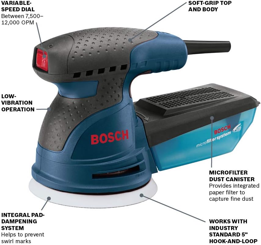 BOSCH ROS20VSC Palm Sander 2.5 Amp 5 In. Corded Variable Speed Random Orbital Sander/Polisher Kit with Dust Collector and Soft Carrying Bag, Blue