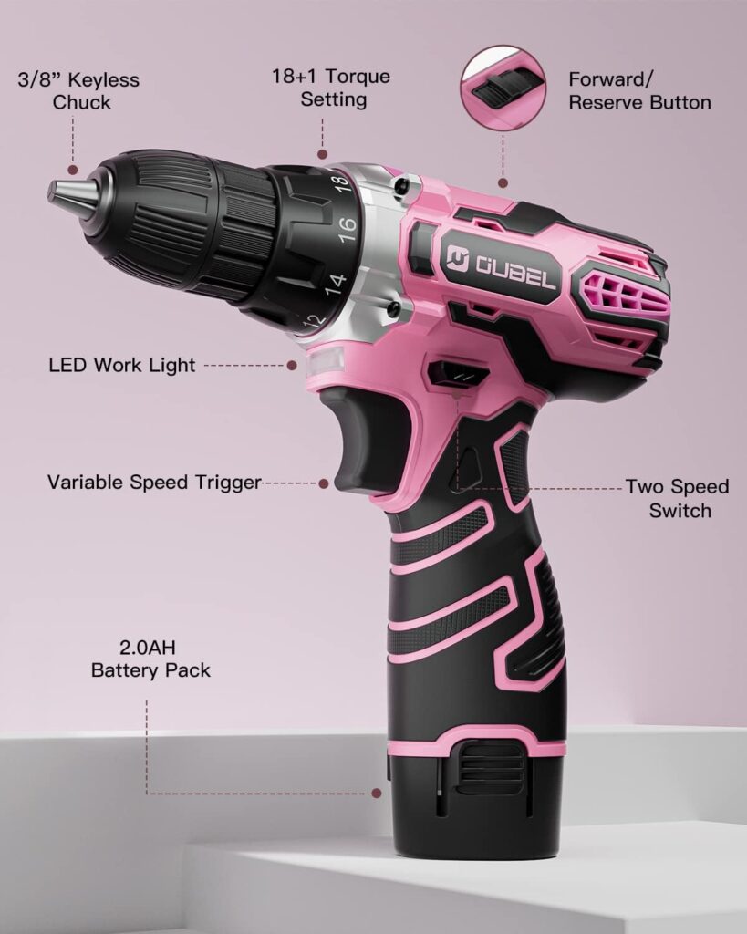 Drill Set, OUBEL 12V Cordless Drill Pink with 42 Acessories, Pink Power Drill Cordless with 3/8 Keyless Chuck, Built-in LED, 2 Variable Speed, Pink Drill for DIY Home Projects, Around the House