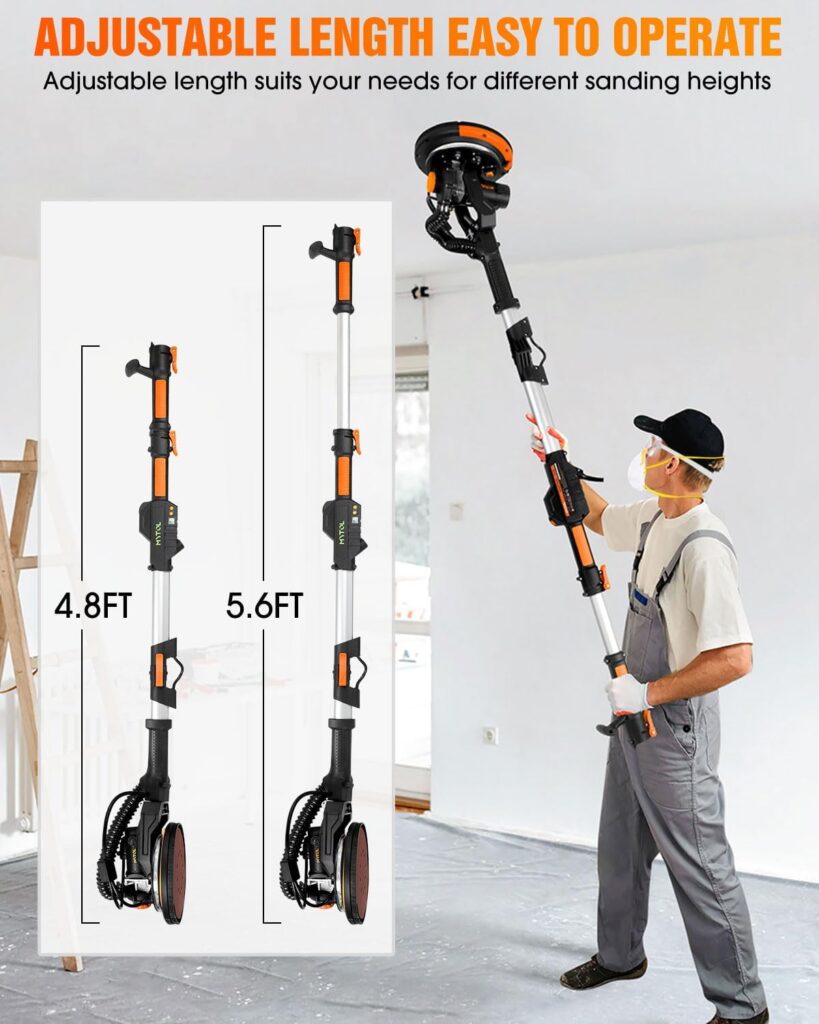 MYTOL Drywall Sander, 7.2A Electric Drywall Sander with Vacuum Dust Collection, 6 Variable Speed 900-1800RPM, LED Light, Foldable Extendable Handle, 9 Pcs Sanding discs3 Pcs Grid Sandpaper, Orange