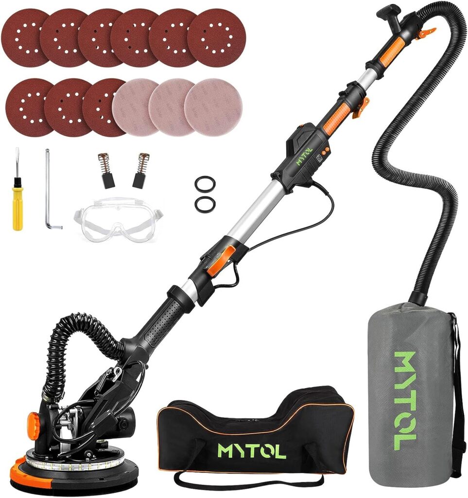 MYTOL Drywall Sander, 7.2A Electric Drywall Sander with Vacuum Dust Collection, 6 Variable Speed 900-1800RPM, LED Light, Foldable Extendable Handle, 9 Pcs Sanding discs3 Pcs Grid Sandpaper, Orange