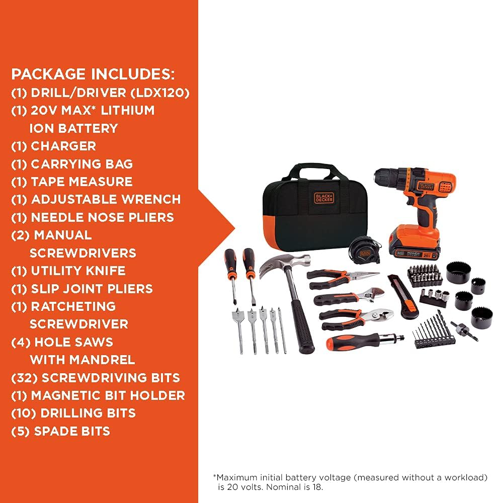 BLACK+DECKER 20V Max Drill  Home Tool Kit, 68 Piece (LDX120PK)