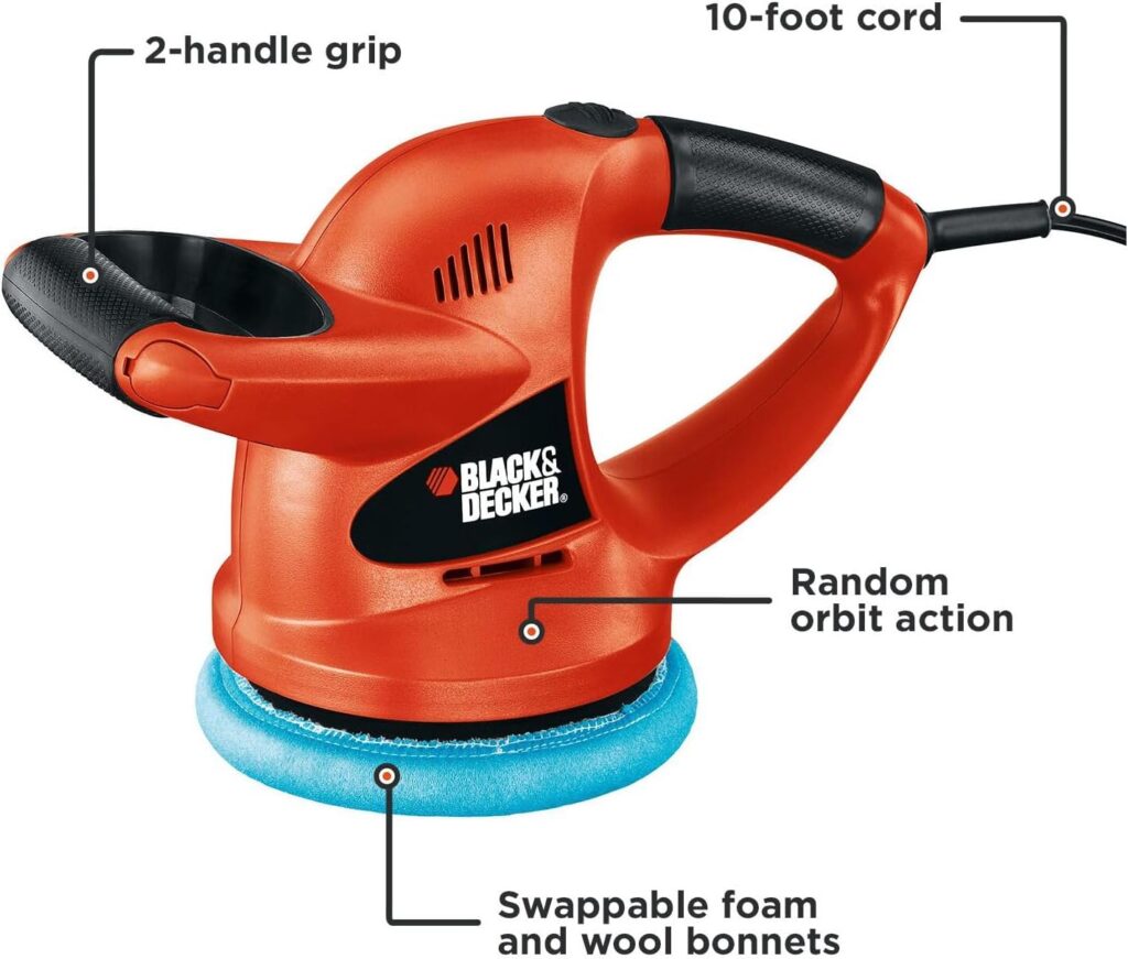 BLACK+DECKER Polisher, 6 inch, 2 Handle Grip, Swappable Wool or Foam Bonnets, 10-foot Chord for Easy Mobility (WP900)