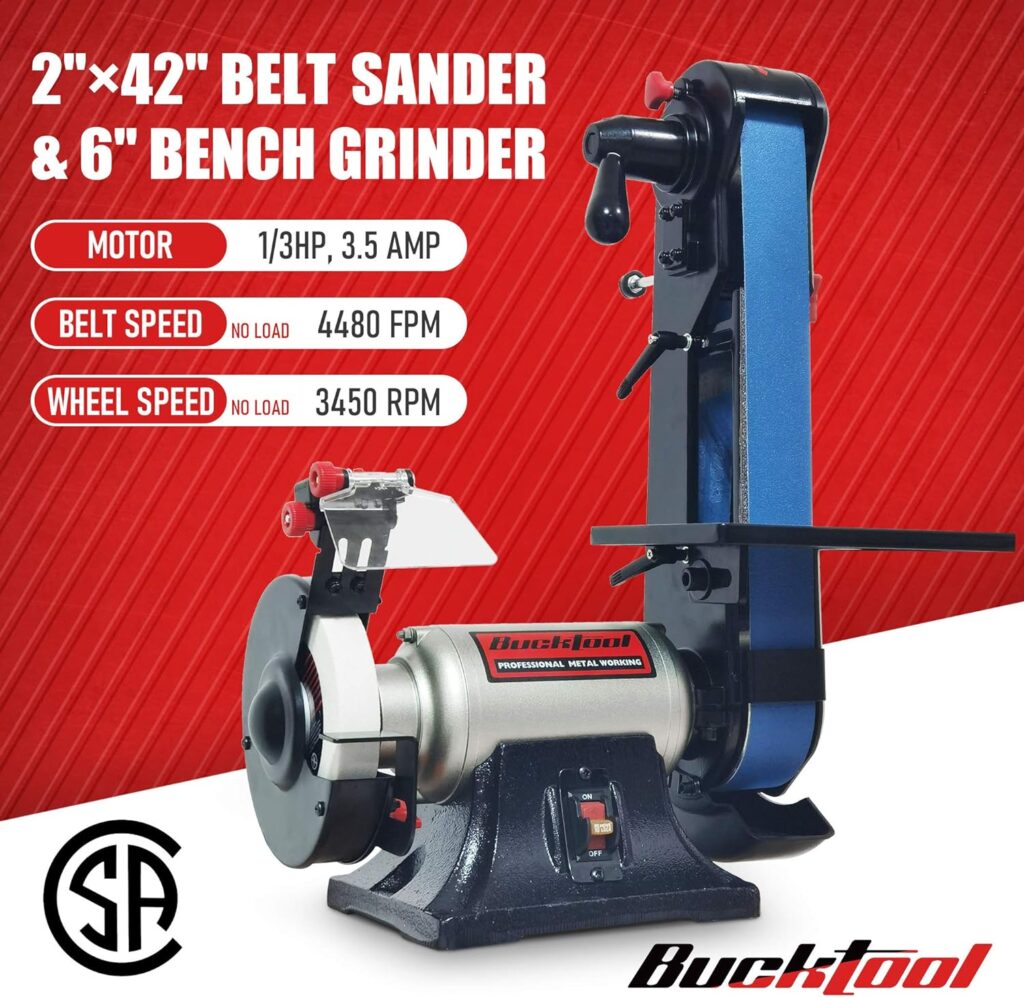 Bucktool Combo 2 x 42 Belt Sander 6 Bench Grinder, Knife Sharpener with Large Work Table BG2600 Upgraded Model