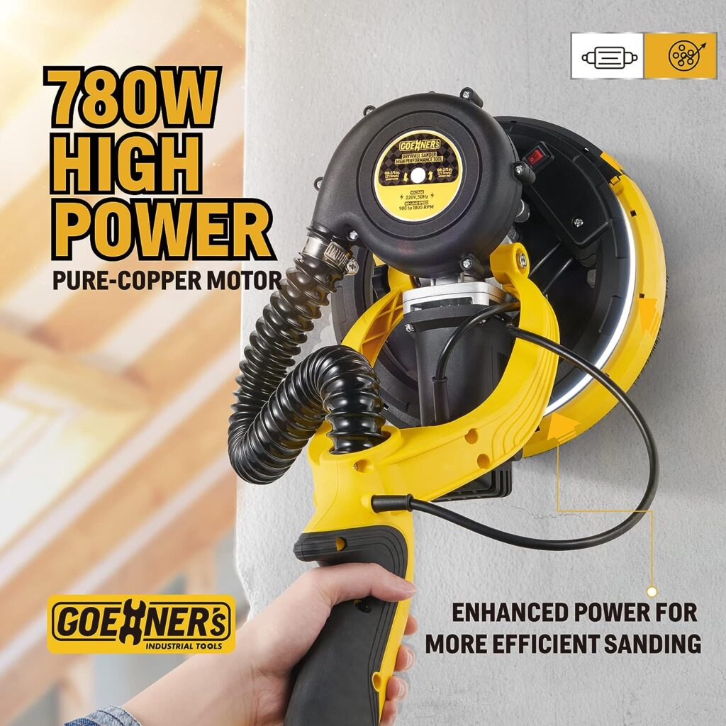 Drywall Sander, Electric Drywall Sander with Vacuum, Automatic Dust Removal, 7 Variable Speed, 900-1800RPM, 26’ Power Cord, Labor-Saving Handle and Patented Fixture for Ceiling Sanding, LED Light