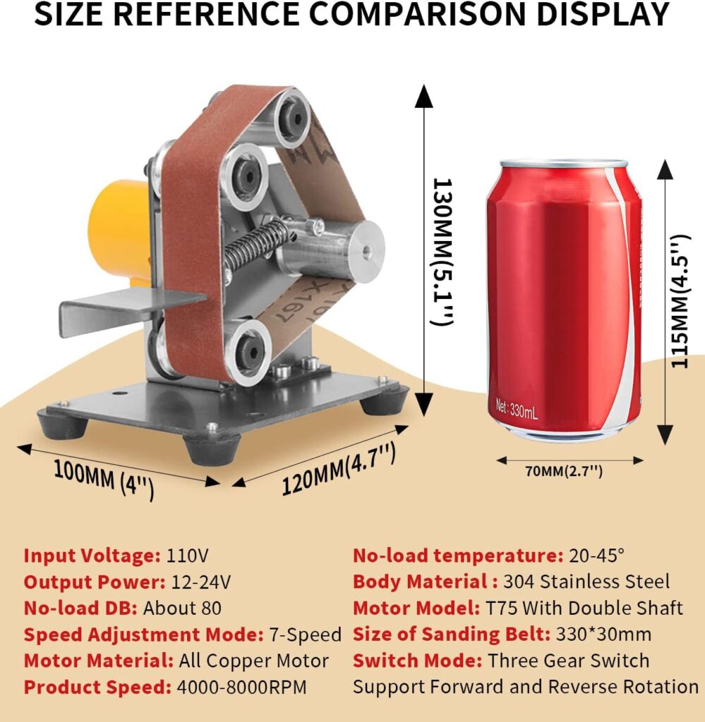 Electric Belt-Sander Polishing-Grinding Sharpener Adjustable - 13 x 1.2inch DIY Power Sanding Machine Cutter Edges Mini Bench Belt Grinder Kit, 7-Speed Multifunctional for Knife Making, Woodworking