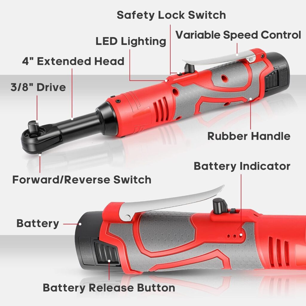 GYZJ 𝟏𝟖𝐕 Extended Cordless Ratchet Wrench 𝟑/𝟖 Electric Wrenches Set 45 ft-lbs 400RPM Power, 𝟐 Battery 2.0Ah Lithium-Ion, 𝟕 Sockets (10/11/12/13/14/15/17mm) And Charger, Variable Speed Trigger