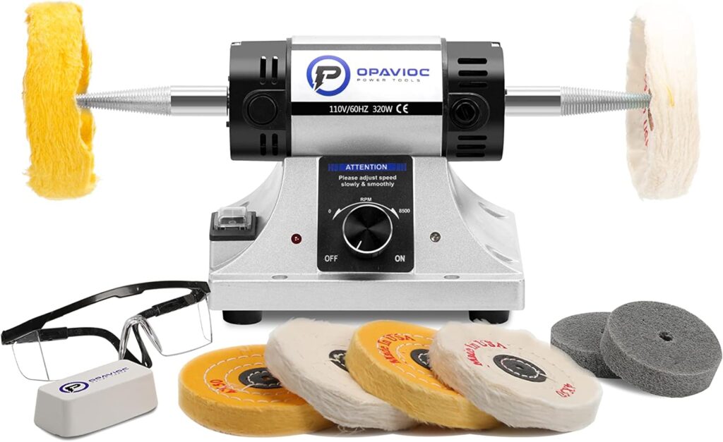 OPAVIOC Jewelry Polisher - Adjustable Variable Speed Bench Grinder Polishing Buffing Machine, Dental Buffer Lathe - Includes 6 Cloth Wheels, 2 Abrasive Fiber Wheels, Safety Glass, Polish Compound