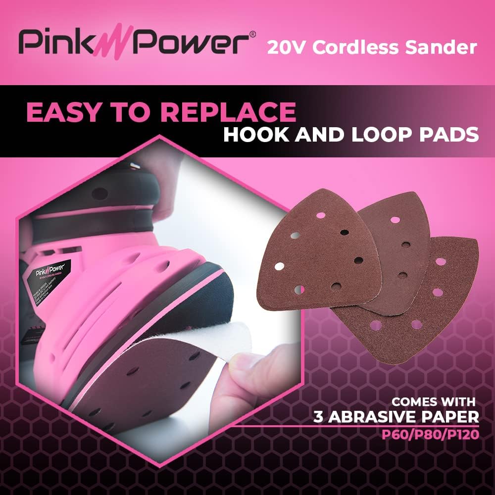 Pink Power Detail Sander for Woodworking 20V Cordless Electric Hand Sander for Wood Furniture - Mini Palm Sander Tool with Sandpaper, Li-Ion Battery  Charger - Small Handheld Sanding Machine