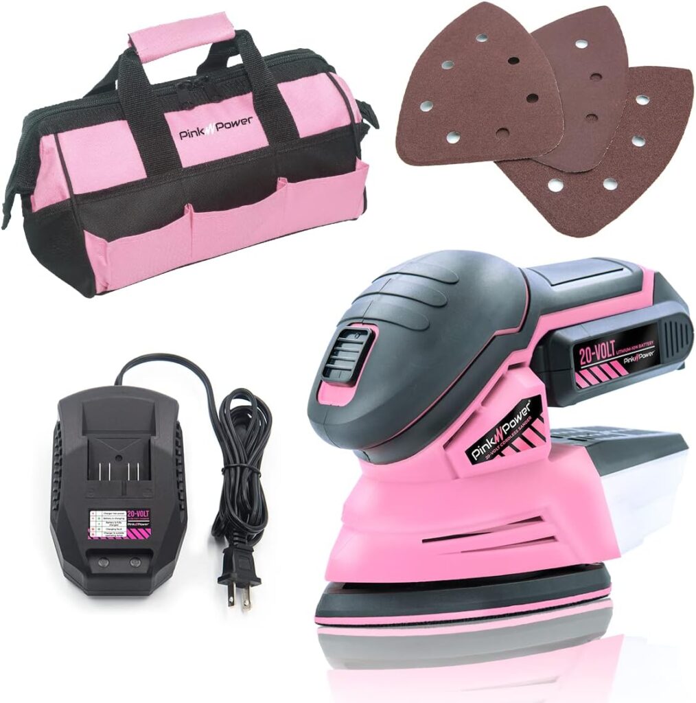 Pink Power Detail Sander for Woodworking 20V Cordless Electric Hand Sander for Wood Furniture - Mini Palm Sander Tool with Sandpaper, Li-Ion Battery  Charger - Small Handheld Sanding Machine