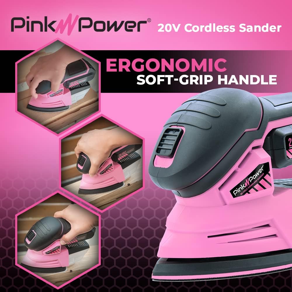 Pink Power Detail Sander for Woodworking 20V Cordless Electric Hand Sander for Wood Furniture - Mini Palm Sander Tool with Sandpaper, Li-Ion Battery  Charger - Small Handheld Sanding Machine