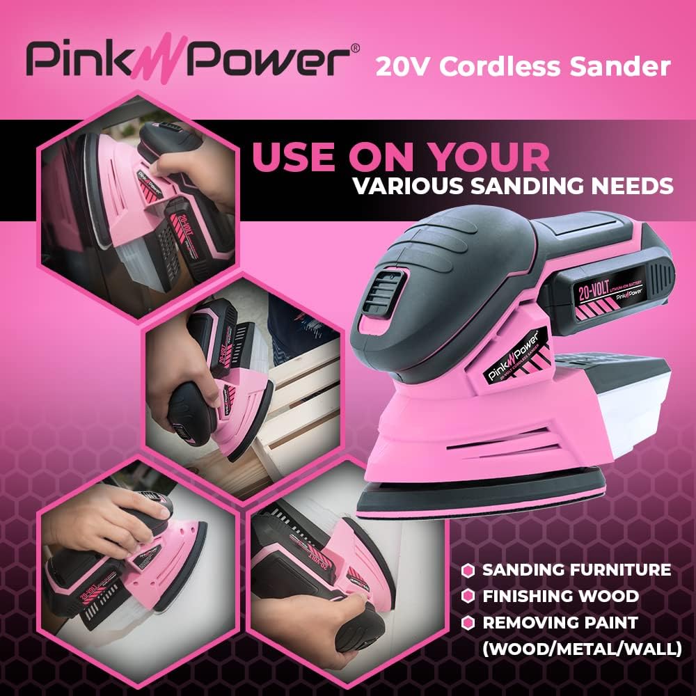 Pink Power Detail Sander for Woodworking 20V Cordless Electric Hand Sander for Wood Furniture - Mini Palm Sander Tool with Sandpaper, Li-Ion Battery  Charger - Small Handheld Sanding Machine