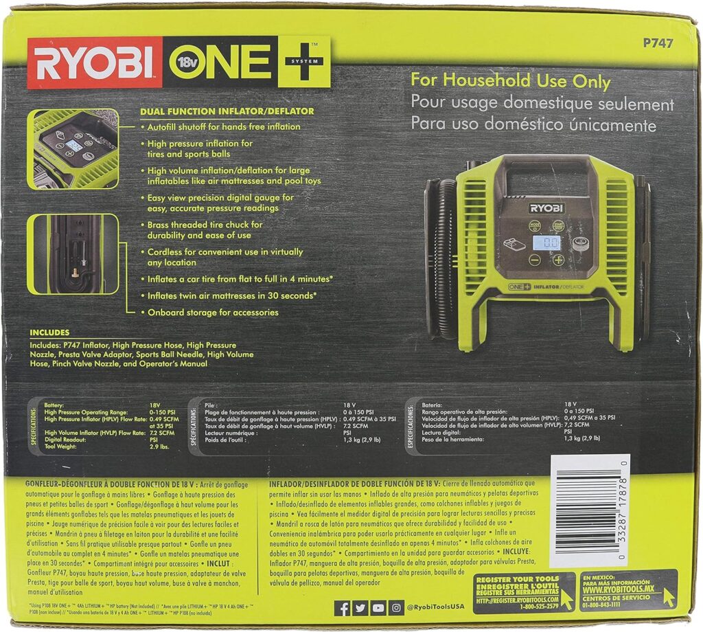 RYOBI 18V ONE+ DUAL FUNCTION Battery Powered INFLATOR/DEFLATOR. (Tool only).