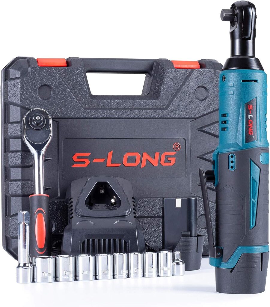 S-LONG Cordless Electric Ratchet Wrench Set, 3/8 400 RPM 12V Power Ratchet Driver with 10 Sockets, 2000mAh Lithium-Ion Battery and 60-Min Fast Charge