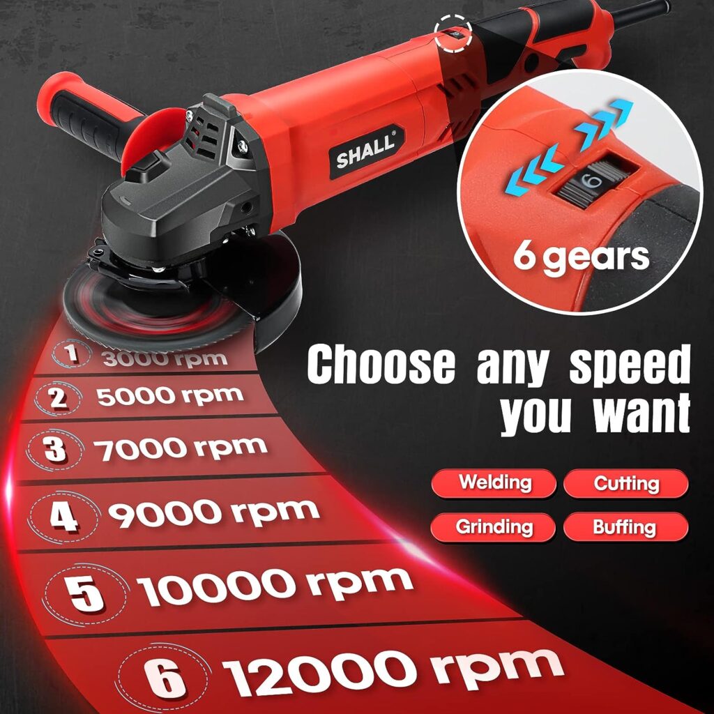 SHALL Angle Grinder Tool 7.5Amp 4-1/2 Inch, 6-Variable-Speed Grinders Power Tools, Electric Metal Grinder 12000 RPM w/ 2 Safety Guards, Cutting Wheels, Flap Discs, Non-Slip Handle for Metal/Wood