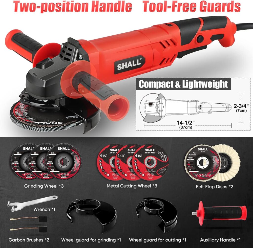 SHALL Angle Grinder Tool 7.5Amp 4-1/2 Inch, 6-Variable-Speed Grinders Power Tools, Electric Metal Grinder 12000 RPM w/ 2 Safety Guards, Cutting Wheels, Flap Discs, Non-Slip Handle for Metal/Wood