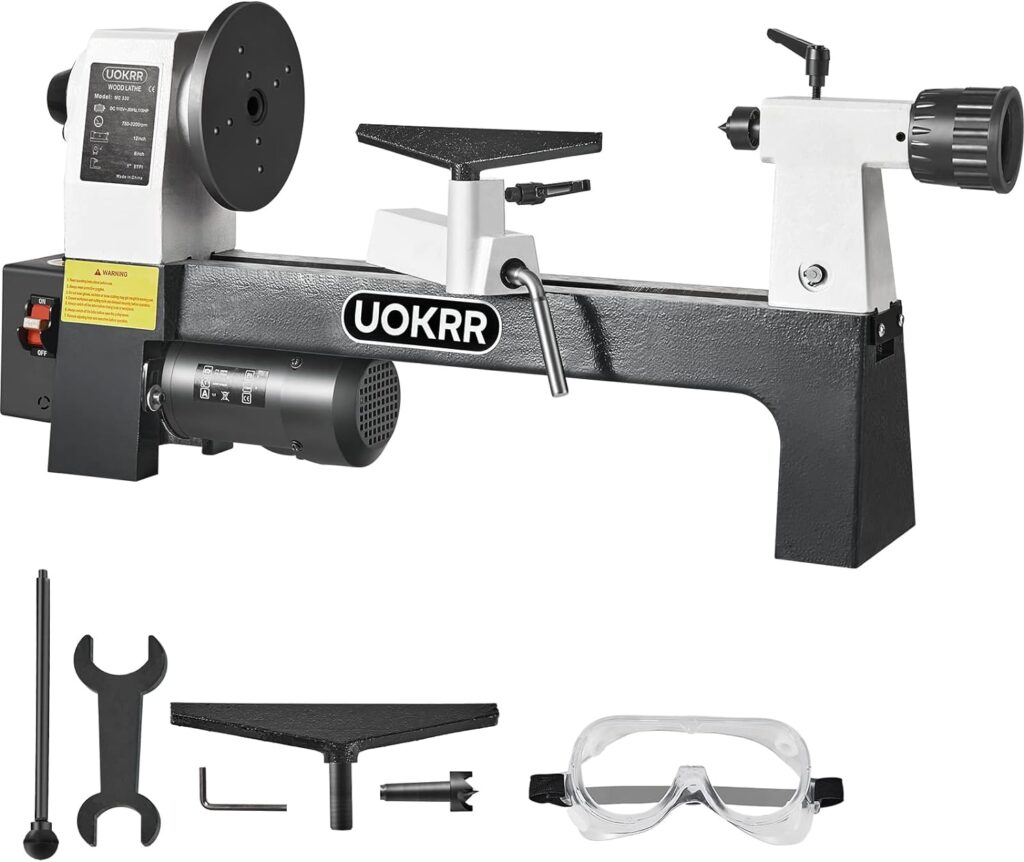 UOKRR Mini Wood Lathe Machine 8” x 12” Benchtop Wood Lathe 1/3HP Wood Turning Lathe for Woodworking Infinitely Variable Speed 750-3200rpm for Beginners/Professionals Turning Pens, Bowls, Cups, etc