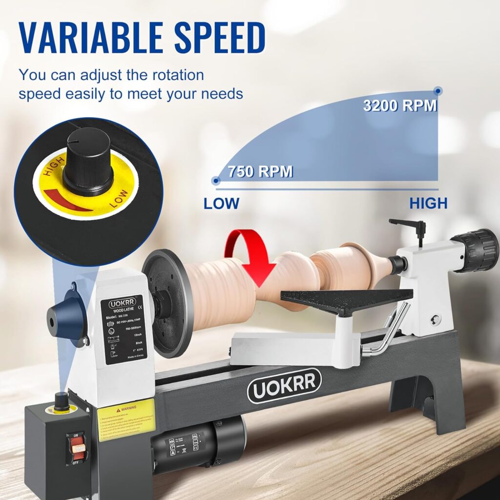 UOKRR Mini Wood Lathe Machine 8” x 12” Benchtop Wood Lathe 1/3HP Wood Turning Lathe for Woodworking Infinitely Variable Speed 750-3200rpm for Beginners/Professionals Turning Pens, Bowls, Cups, etc