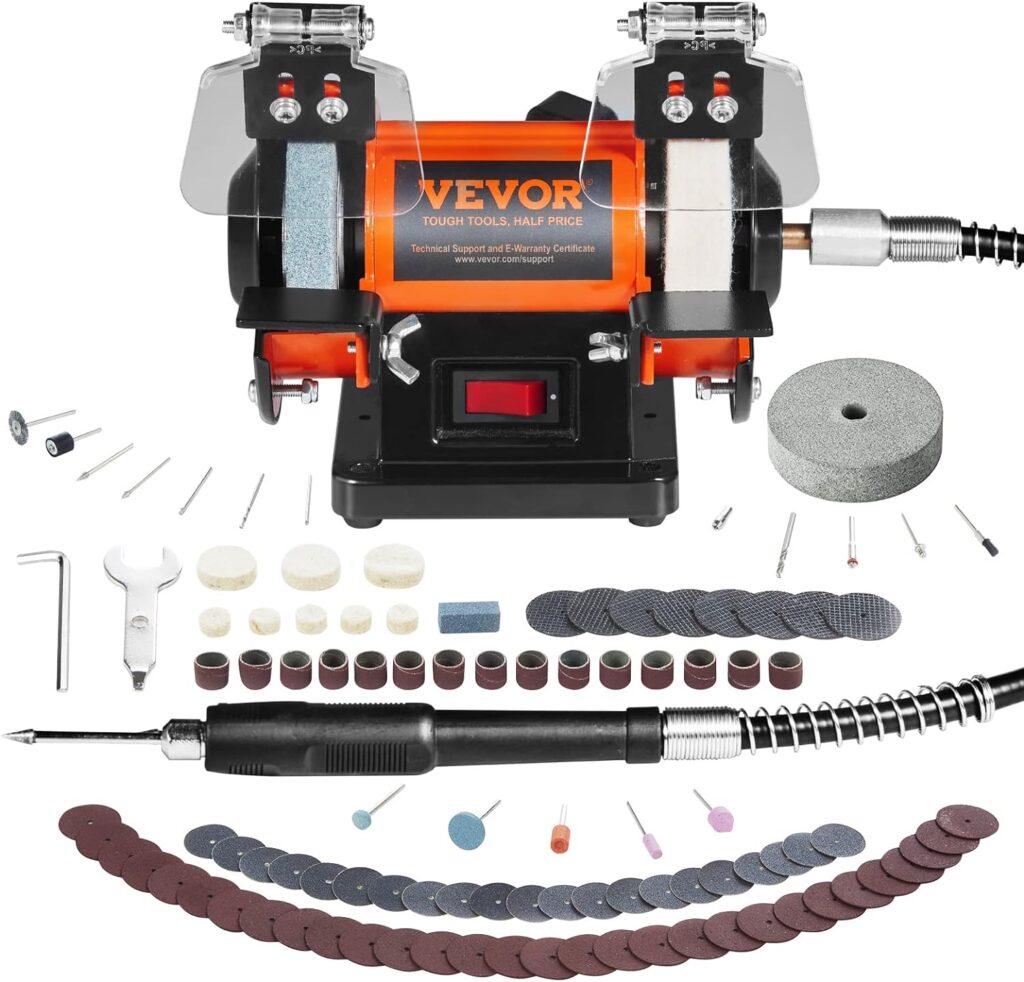 VEVOR Bench Buffer Polisher, Bench Buffer Grinder Polishing  Buffing Machine for Metal/Jewelry/Wood/Jade/Plastic/Silver DIY, with Wool/Abrasive Fiber Wheel/Grinding Wheel,100pcs Tools, 3590RPM