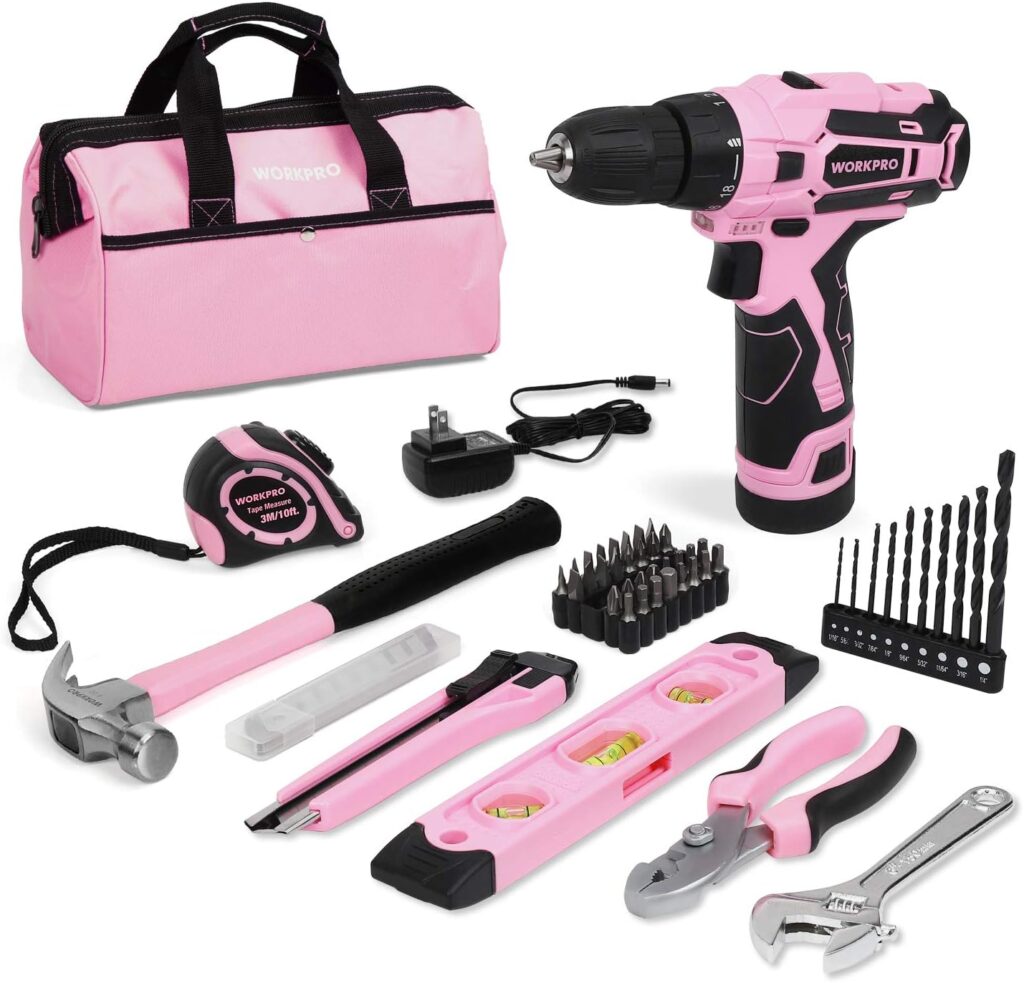 WORKPRO 12V Pink Cordless Drill Driver and Home Tool Kit, Hand Tool Set for DIY, Home Maintenance, 14-inch Storage Bag Included - Pink Ribbon