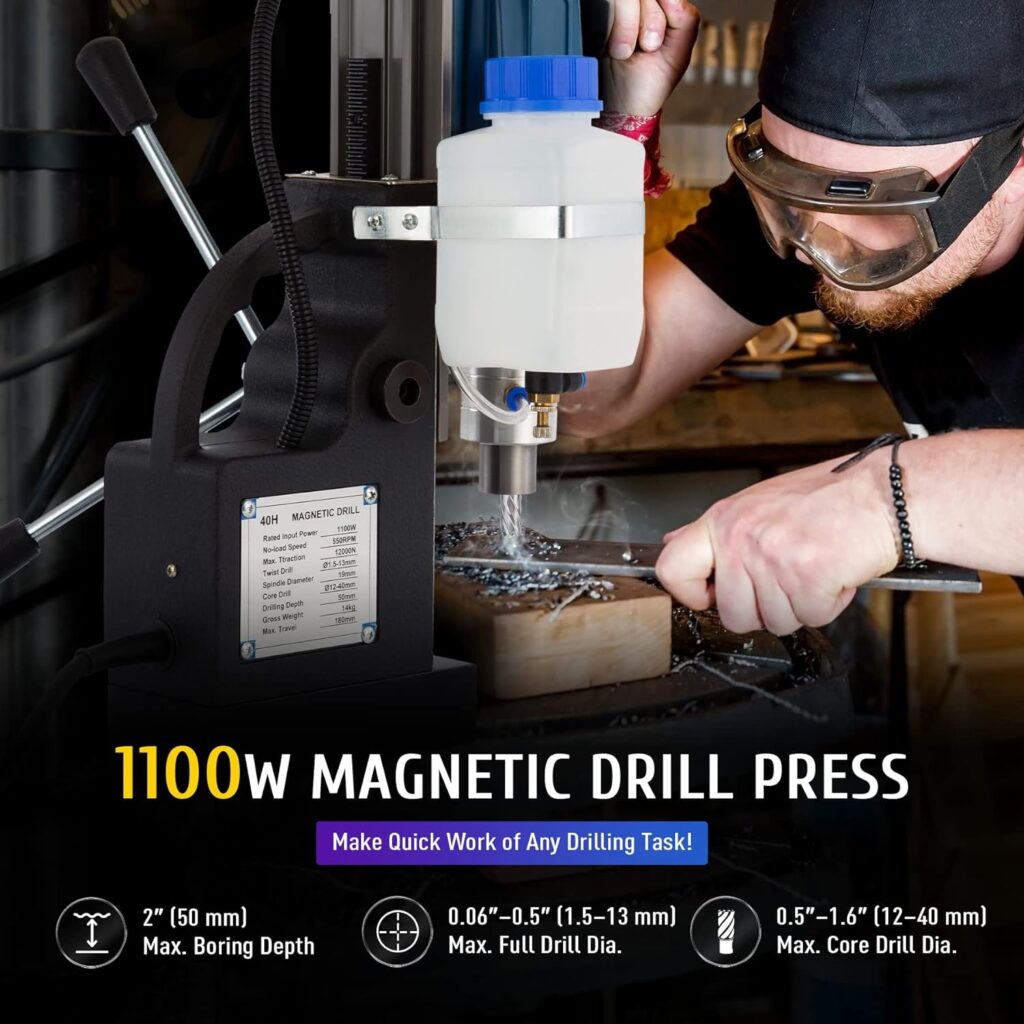 ZELCAN 1100W Electric Magnetic Drill Press w 1.6 inch Boring Diameter Core Drill Bit Set, Portable Heavy Duty Power Mag Drill 2700lbf Electromagnet Drilling Machine for Metal Surface Home Improvement