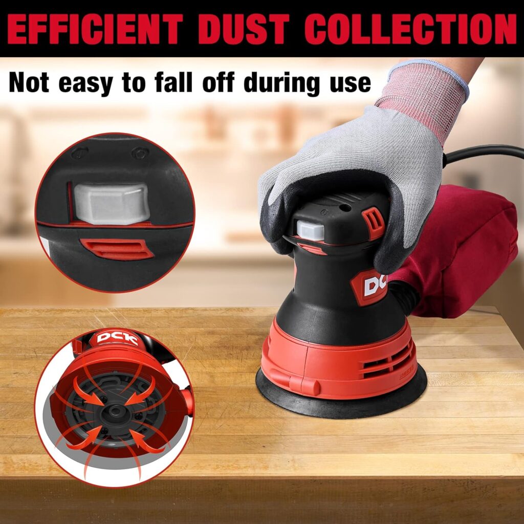 DCK Random Orbital Sander, 3.0 AMP Corded Palm Sander, 6 Speeds Max 12,000 OPM, 5-Inch with 10 pcs Sandpapers, Dust Bag, Low Vibration, Drywall Sander for Woodworking, Decoration Furniture (KSA125)