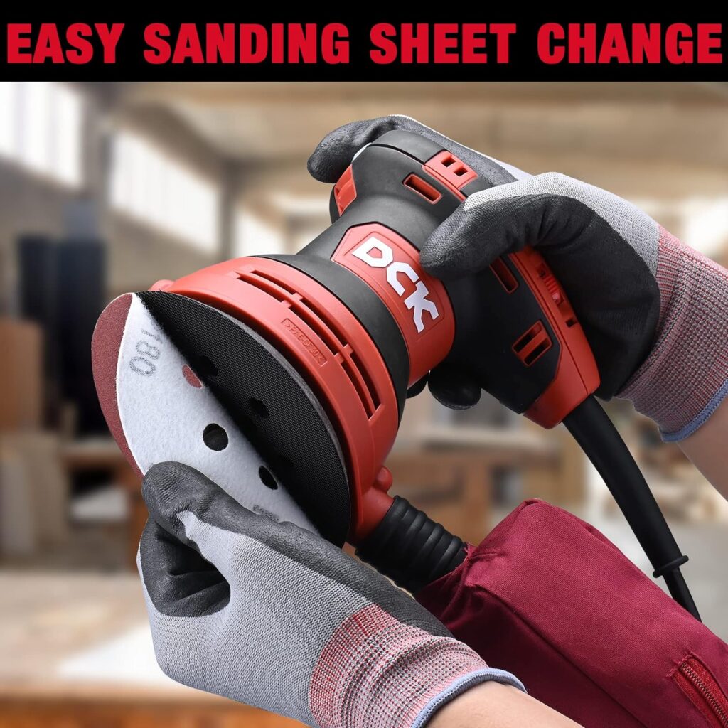 DCK Random Orbital Sander, 3.0 AMP Corded Palm Sander, 6 Speeds Max 12,000 OPM, 5-Inch with 10 pcs Sandpapers, Dust Bag, Low Vibration, Drywall Sander for Woodworking, Decoration Furniture (KSA125)