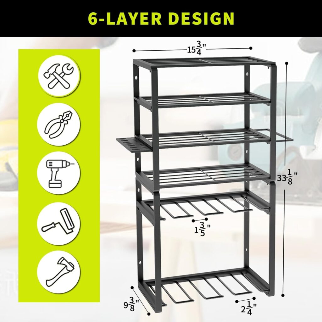 KAFAHOM Power Tool Organizer-8 Drill Holder Wall Mount,4 Layer Heavy Duty Metal Power Tool Storage Rack,Garage Tool Organizer and Storage with Screwdriver Holder/Plier Holder/Hammer Holder